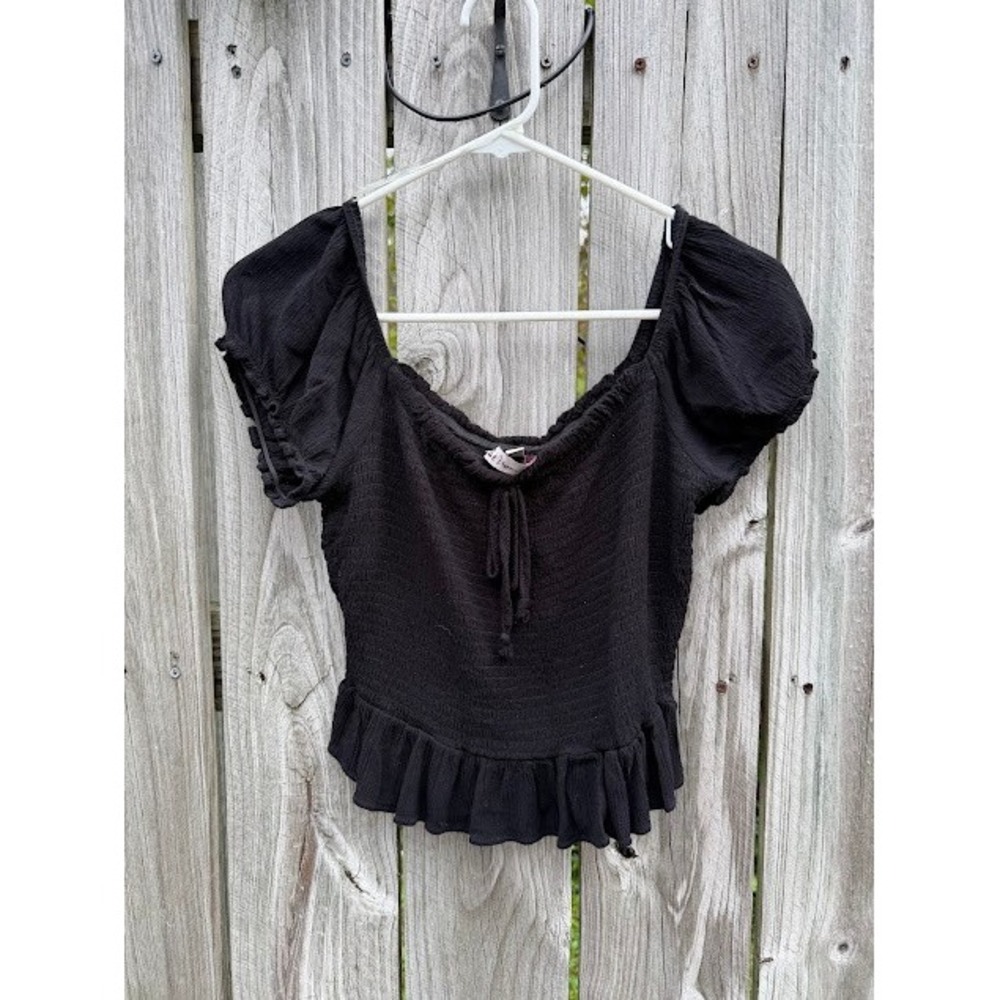 Boho Cottagecore Gypsies & Moondust Smocked Top M Black Puff Sleeve Ruffle Crop